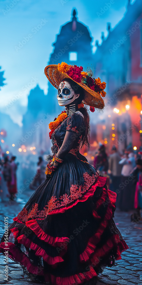 Fototapeta premium Imagine walking through a magical Mexican town during the Porfiriato, in celebration of the Day of the Dead on November 2. The cobblestone streets are decorated with confetti and candles