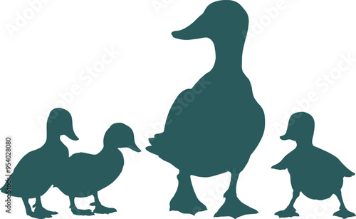 Mother duck with baby on a walk. Life moments. Vector image.