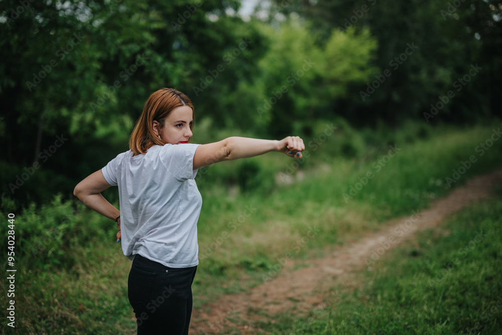 A young woman in casual attire focuses intensely as she practices boxing outdoors. The lush green surroundings create a serene and motivational environment for personal fitness and mental clarity. A young woman in casual attire focuses intensely as she practices boxing outdoors. The lush green surroundings create a serene and motivational environment for personal fitness and mental clarity.
