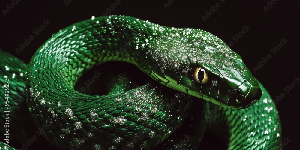 Fototapeta premium Background of Detailed green snake with sparkling diamonds, symbol 2025. Greeting cards, New Year’s party invitations, background, backdrop, flayer, luxury products, event promotions