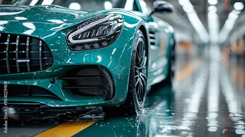 A stunning emerald green sports car shines under showroom lights reflecting off the polished floor highlighting modern design and engineering