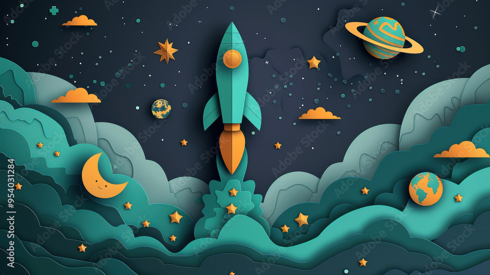 Obraz premium Paper Cut Style Rocket and Moon