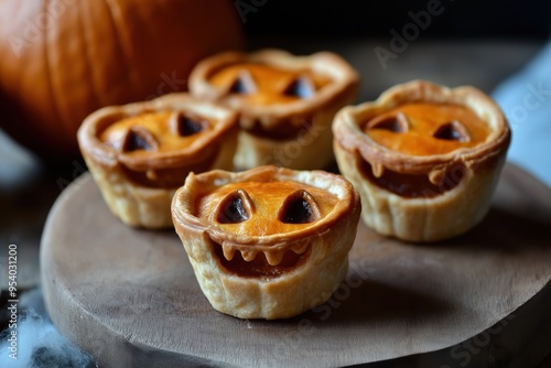 Mini pumpkin pies with jack-o'-lantern faces, perfect for a spooky and festive Halloween dessert. Helloween food photo