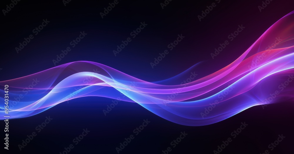 Fototapeta premium A vibrant, abstract wave design featuring smooth gradients of purple and blue colors against a dark background.