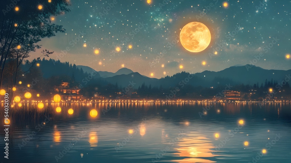 Serene and dreamy lakeside landscape during the Mid Autumn Festival with the full moon beautifully reflected on the calm water Serene and dreamy lakeside landscape during the Mid Autumn Festival with the full moon beautifully reflected on the calm water
