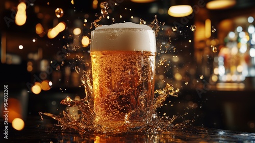 Splashing Beer in a Glass with Golden Bubbles in a Bar Setting