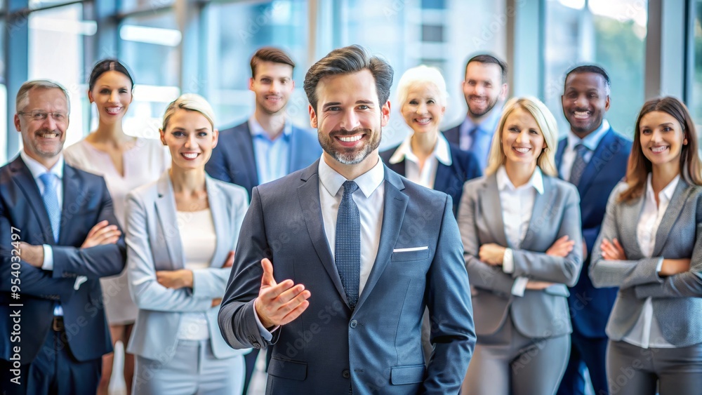 Business executive standing confidently in front of a diverse group of colleagues, gesturing inspiring guidance, Business executive standing confidently in front of a diverse group of colleagues, gesturing inspiring guidance,