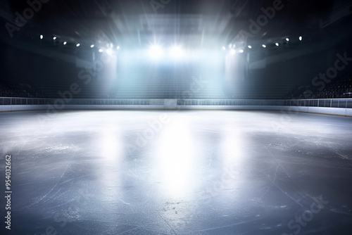 Snow and ice background.Empty ice rink illuminated by spotlights