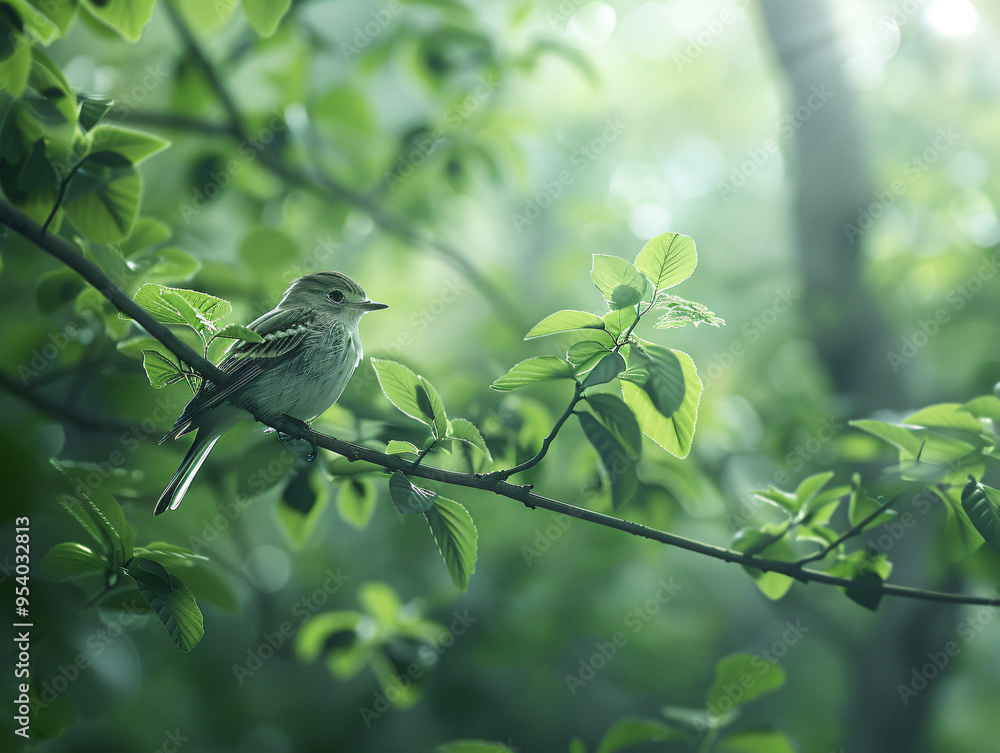 Acadian flycatcher perched on a thin branch in a dense green forest, wings slightly spread as if ready to take flight, cinematic style, Compositing Core, 8k, detailed, Acadian flycatcher perched on a thin branch in a dense green forest, wings slightly spread as if ready to take flight, cinematic style, Compositing Core, 8k, detailed,
