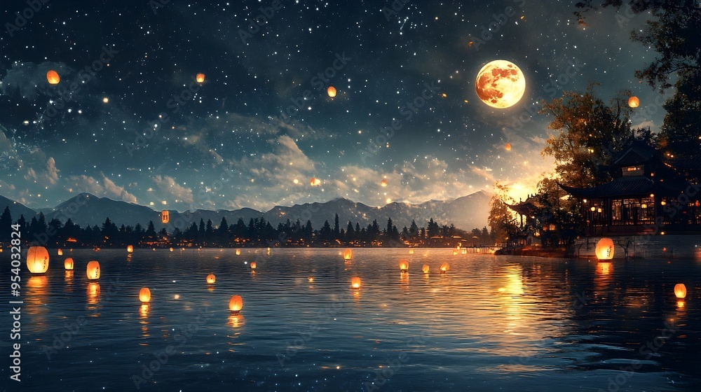 Serene and tranquil lakeside landscape during the Mid Autumn Festival with a full moon reflecting on the calm water surface surrounded by floating lanterns and a starry night sky Serene and tranquil lakeside landscape during the Mid Autumn Festival with a full moon reflecting on the calm water surface surrounded by floating lanterns and a starry night sky