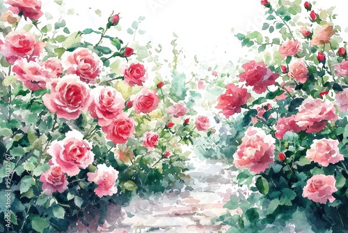 Fototapeta Naklejka Na Ścianę i Meble -  Beautiful watercolor painting of a rose garden with lush green foliage and vibrant pink roses in full bloom on a sunny day.