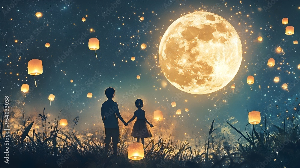 A dreamy night scene with families lighting lanterns and sparkling stars filling the sky capturing the magical atmosphere of the Mid Autumn Festival A dreamy night scene with families lighting lanterns and sparkling stars filling the sky capturing the magical atmosphere of the Mid Autumn Festival