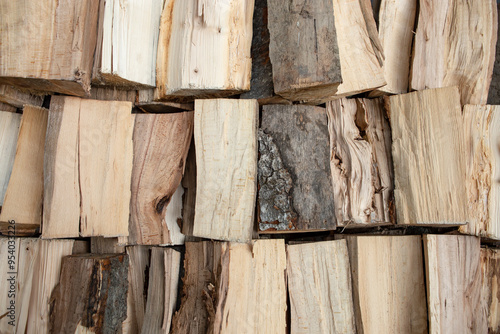 Splitted firewood stacked for winter, top view flat lay close up photo