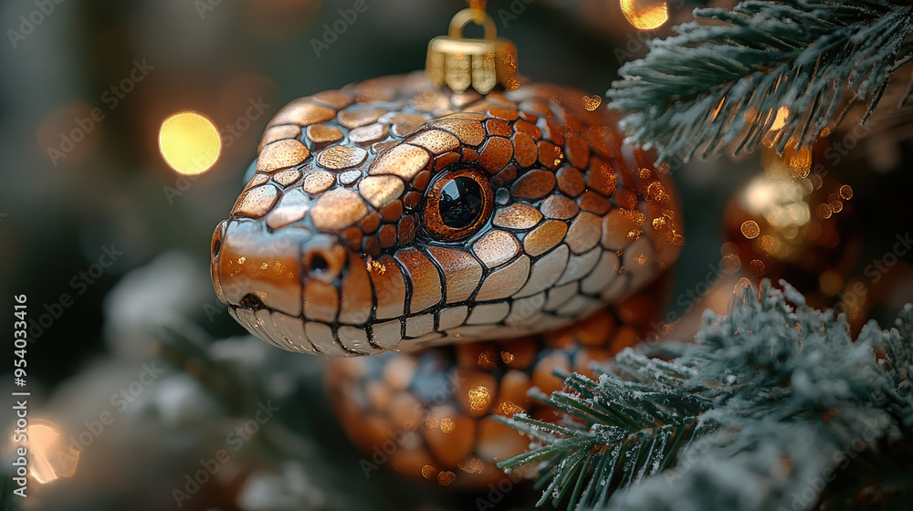 glass gold christmas tree decoration in the shape of a snake head with scale texture hanging on a fir-tree branch, new year 2025, symbol, chinese horoscope, decor, winter, blurred background, postcard glass gold christmas tree decoration in the shape of a snake head with scale texture hanging on a fir-tree branch, new year 2025, symbol, chinese horoscope, decor, winter, blurred background, postcard