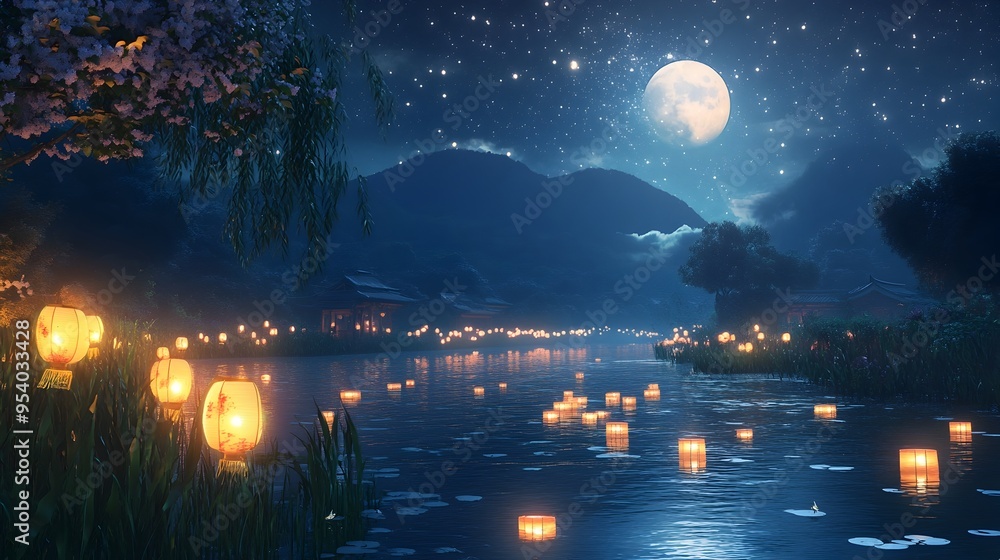 Peaceful river landscape under the glow of a full moon with shimmering stars and gently floating lanterns creating a dreamy serene atmosphere for a Mid Autumn Festival scene Peaceful river landscape under the glow of a full moon with shimmering stars and gently floating lanterns creating a dreamy serene atmosphere for a Mid Autumn Festival scene