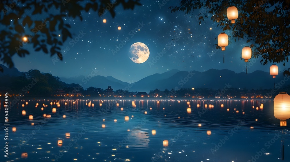 Dreamy lakeside scene with the full moon reflecting on the gently rippling water sparkling stars overhead Dreamy lakeside scene with the full moon reflecting on the gently rippling water sparkling stars overhead