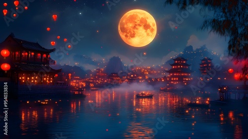 Enchanting Mid Autumn Festival with Glowing Full Moon Sparkling Stars and Lanterns Lighting up the Festive Night Sky Creating a Joyful and Auspicious Atmosphere photo