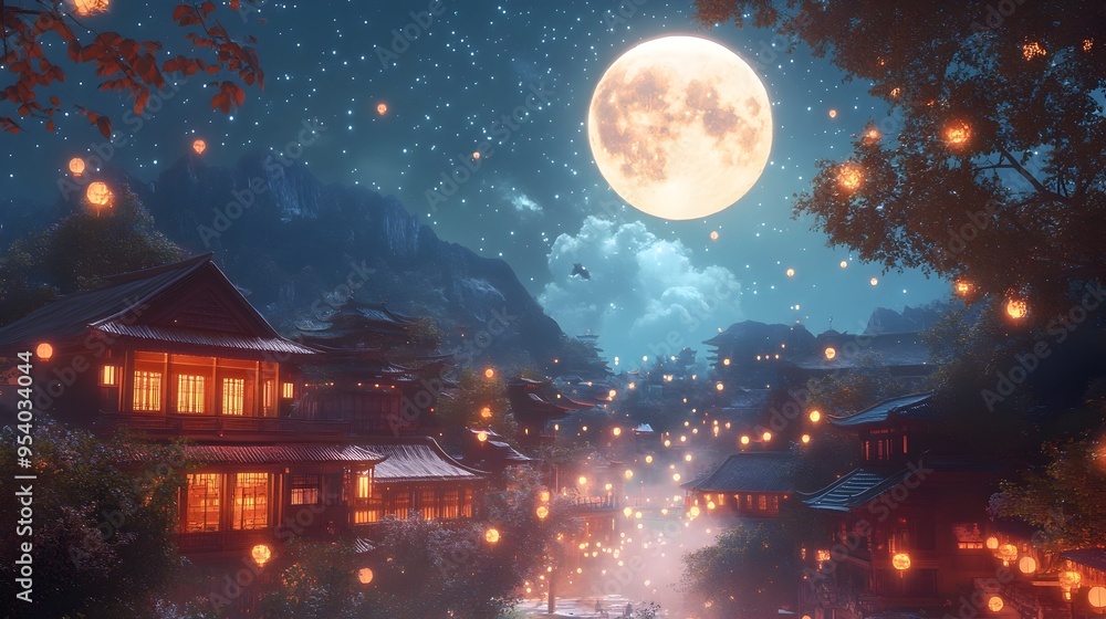 Idyllic village scene under a glowing full moon with sparkling stars and lanterns creating a dreamy festive atmosphere for the traditional Mid Autumn Festival Idyllic village scene under a glowing full moon with sparkling stars and lanterns creating a dreamy festive atmosphere for the traditional Mid Autumn Festival