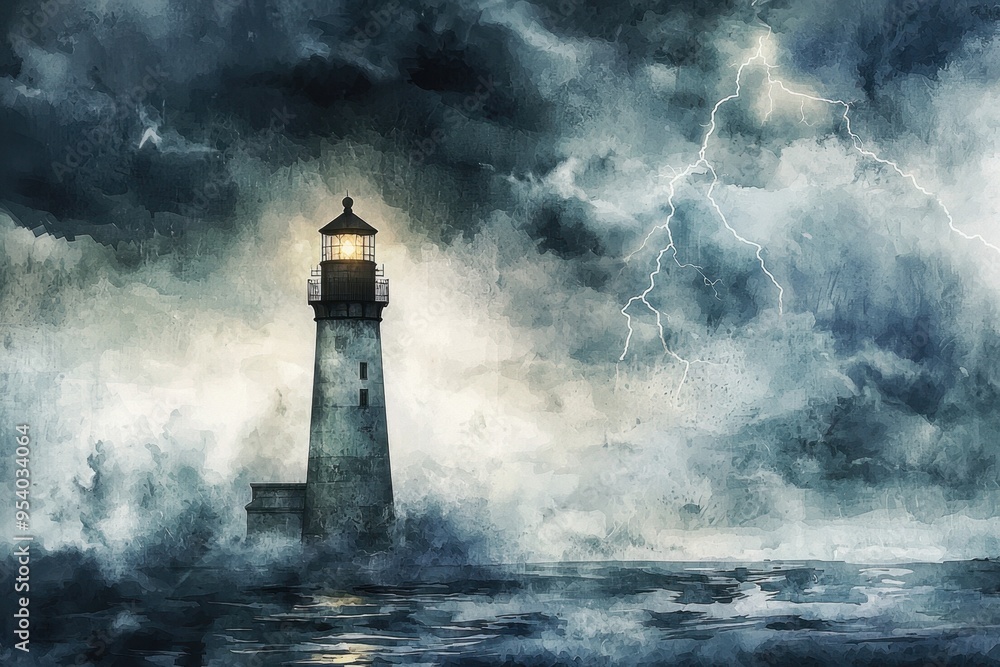 Dramatic lighthouse standing strong in a stormy sea with dark clouds and lightning, symbolizing guidance and resilience. Dramatic lighthouse standing strong in a stormy sea with dark clouds and lightning, symbolizing guidance and resilience.