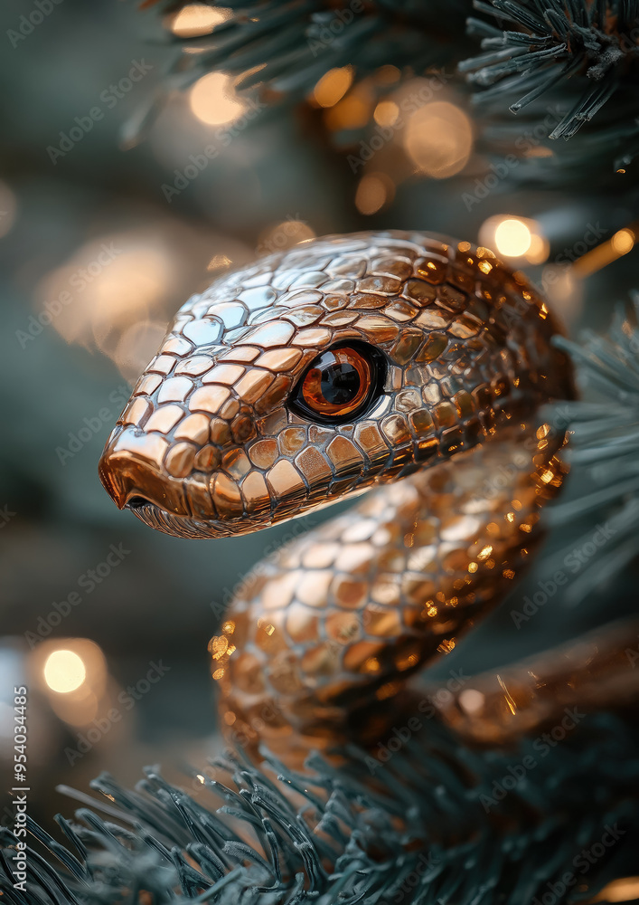 glass gold christmas tree decoration in the shape of a snake head with scale texture hanging on a fir-tree branch, new year 2025, symbol, chinese horoscope, decor, winter, blurred background, postcard glass gold christmas tree decoration in the shape of a snake head with scale texture hanging on a fir-tree branch, new year 2025, symbol, chinese horoscope, decor, winter, blurred background, postcard