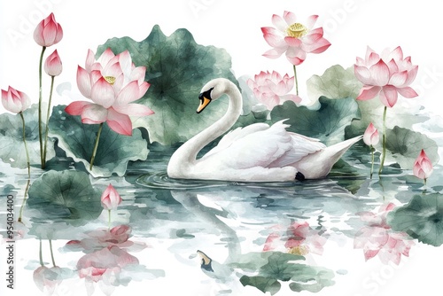 Fototapeta Naklejka Na Ścianę i Meble -  Elegant swan swimming among beautiful pink lotus flowers in serene watercolor painting, creating a calming nature scene.
