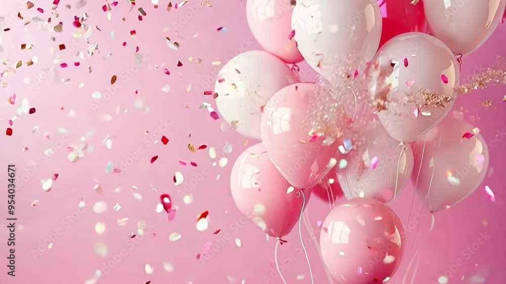 A collection of pink and white balloons rises with colorful confetti falling around them, creating a joyful atmosphere perfect for celebrations and parties A collection of pink and white balloons rises with colorful confetti falling around them, creating a joyful atmosphere perfect for celebrations and parties
