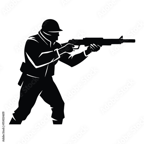 Silhouette of a Shooter Aiming to Fire with a Gun, Dynamic Figure in Action Pose on a White Background, High-Contrast Black Silhouette for Illustrations, Posters, and Graphic Designs