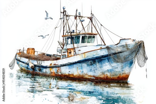 Illustration of an old fishing boat on serene waters, surrounded by seagulls, showcasing rustic charm and nautical artistry.