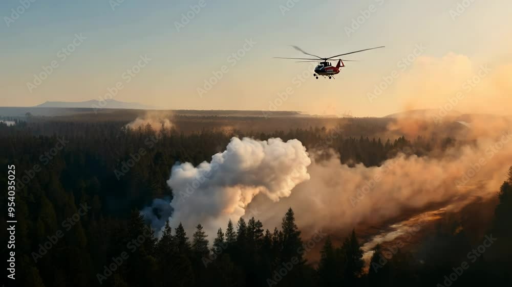 Helicopter combats forest fire in remote area at dusk, showcasing aerial firefighting techniques Helicopter combats forest fire in remote area at dusk, showcasing aerial firefighting techniques