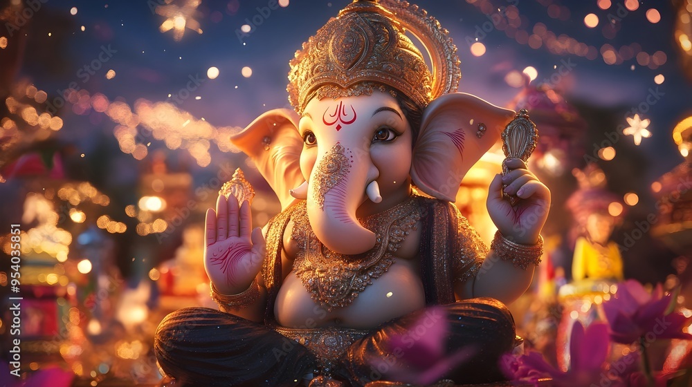 Majestic Ganesh idol amidst the vibrant of Ganesh Chaturthi festival with colorful stars in the night sky creating a magical atmosphere for the auspicious Hindu holiday