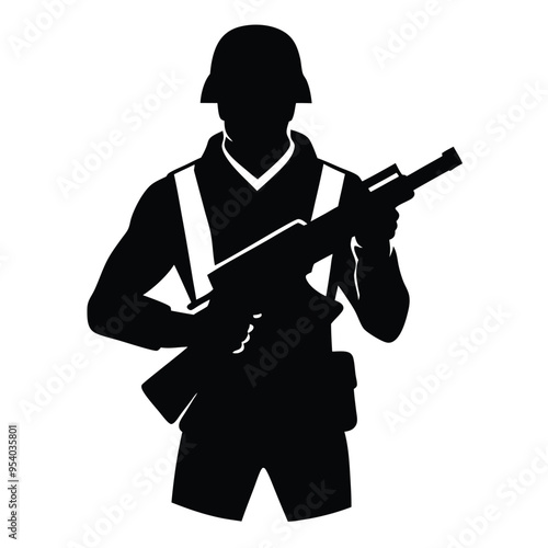 Silhouette of a Shooter Aiming to Fire with a Gun, Dynamic Figure in Action Pose on a White Background, High-Contrast Black Silhouette for Illustrations, Posters, and Graphic Designs