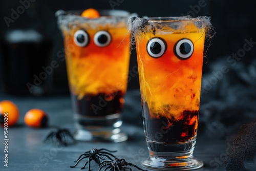 Halloween layered cocktails in glasses with eyeball decorations, perfect for a spooky and festive drink with a creepy atmosphere. 
Halloween drinks photo