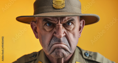 Drill sergeant or instructor with angry face, studio photo closeup detail. Generative AI