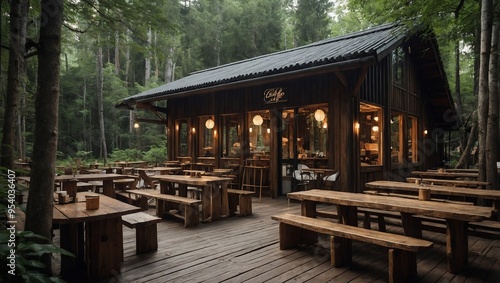 Enjoy a serene wooden cafe located in the heart of the forest, blending rustic design with nature.