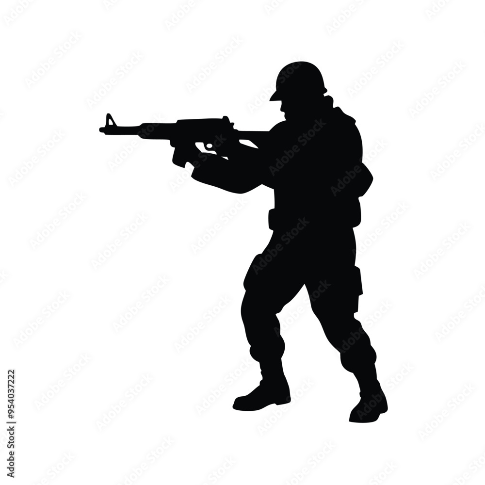 Silhouette of a Shooter Aiming to Fire with a Gun, Dynamic Figure in Action Pose on a White Background, High-Contrast Black Silhouette for Illustrations, Posters, and Graphic Designs Silhouette of a Shooter Aiming to Fire with a Gun, Dynamic Figure in Action Pose on a White Background, High-Contrast Black Silhouette for Illustrations, Posters, and Graphic Designs
