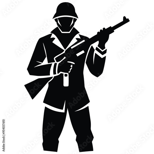 Silhouette of a Shooter Aiming to Fire with a Gun, Dynamic Figure in Action Pose on a White Background, High-Contrast Black Silhouette for Illustrations, Posters, and Graphic Designs