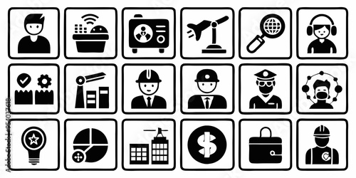 20 copyright free and trademark free Black and white icon set. Topic Is "Working" on white Background 