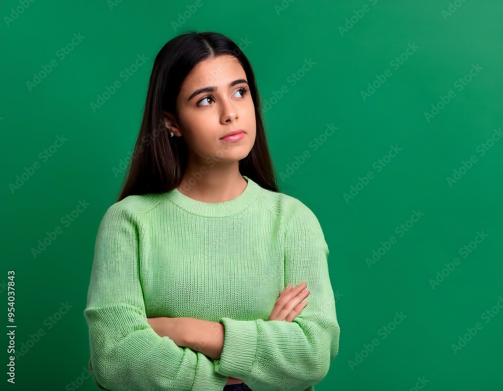 photo thoughtful girl crossed arms thinking looking empty space isolated green color background photo thoughtful girl crossed arms thinking looking empty space isolated green color background