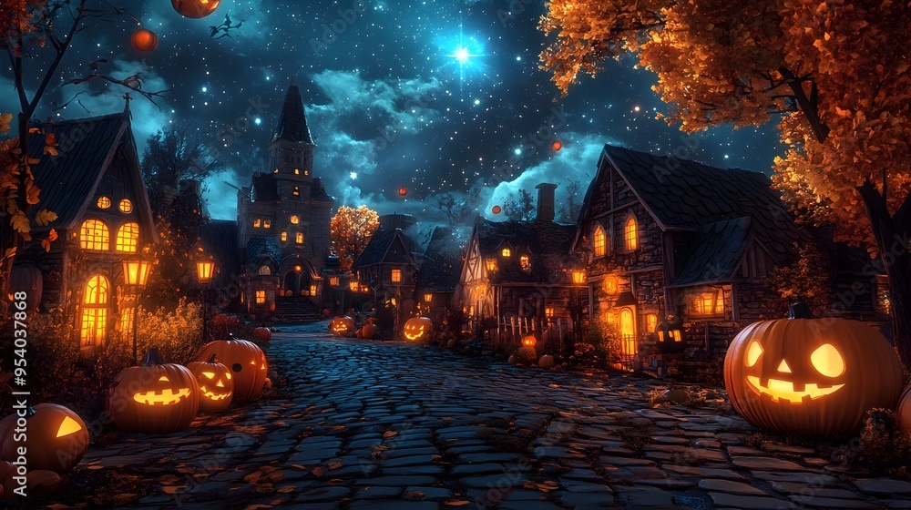 Enchanting Halloween village scene with glowing pumpkins flickering lanterns and a sky filled with sparkling stars illuminating the cobblestone streets and cozy cottages