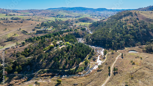 Drone aerial photograph of the Adelong Falls Gold Mine ruins near the town of Adelong in the Snowy Mountains in New South Wales in Australia.