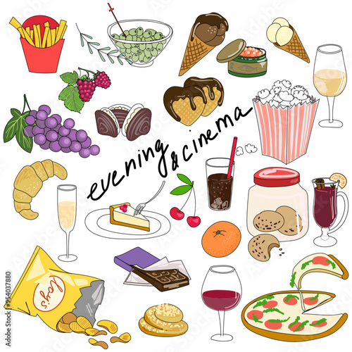 A set of drinks dishes in bright colors with a black outline. A great set for an idea for a family movie night. Vector illustration