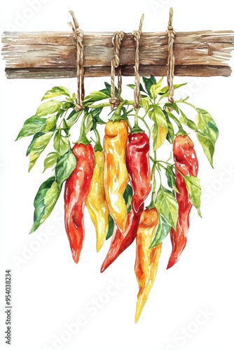 Watercolor illustration of hanging chili peppers in red, yellow, and orange shades on rustic wood. Perfect for kitchen decor and culinary themes. photo