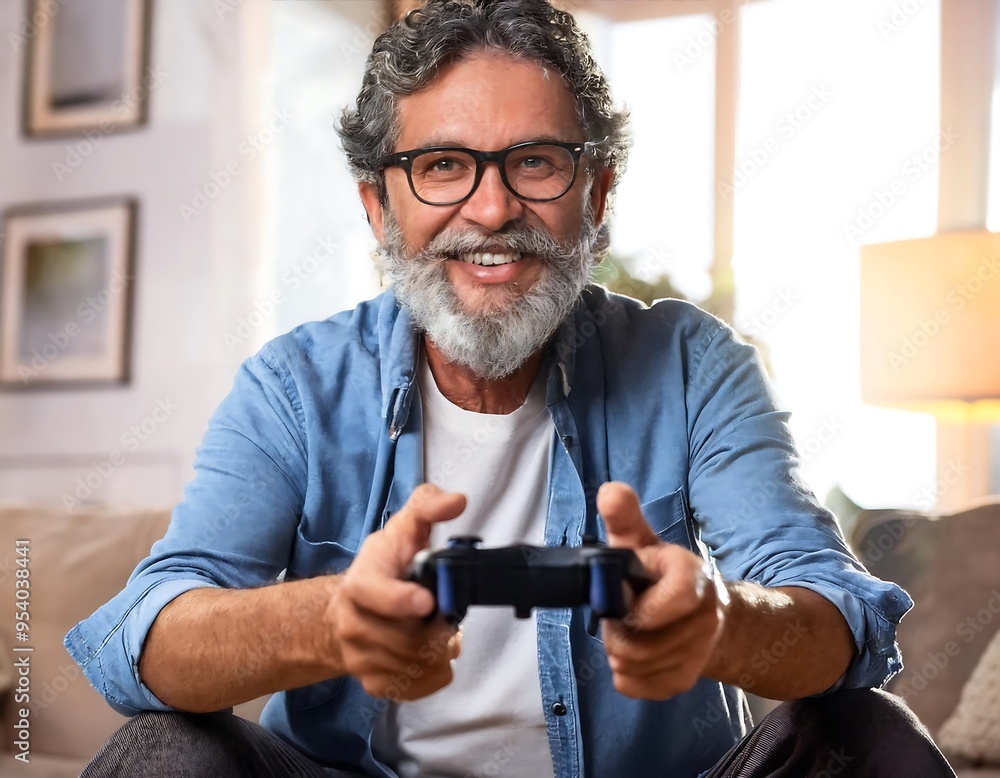 senior man playing video games home senior man playing video games home