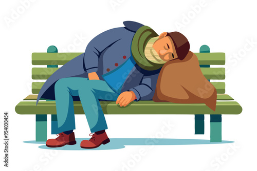 Homeless man sleeping on bench wrapped in blanket