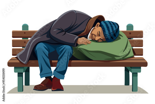 Homeless man sleeping on bench wrapped in blanket