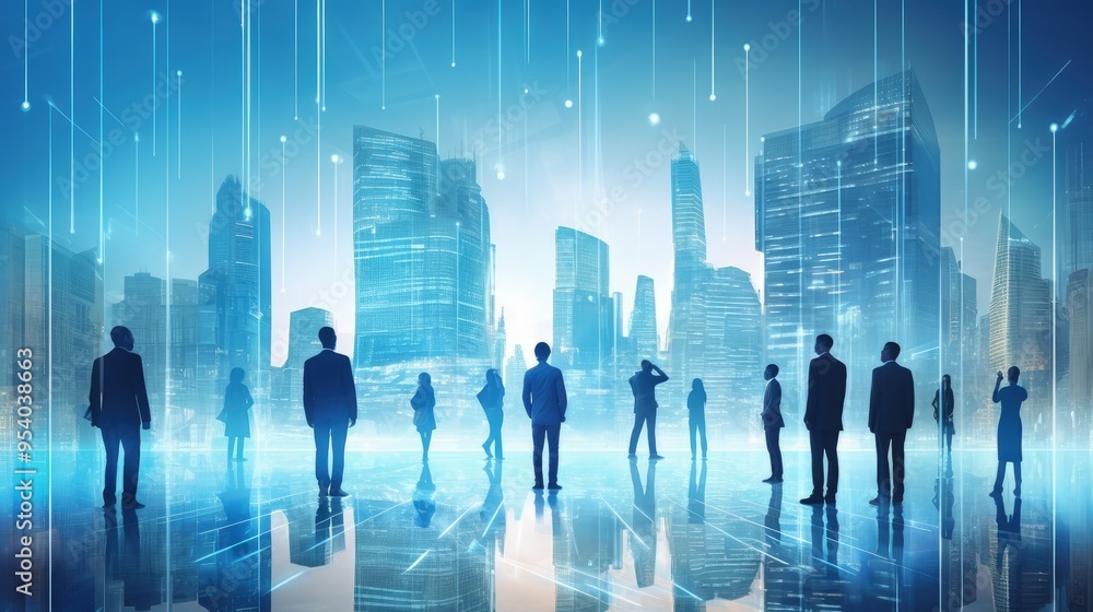 A futuristic cityscape with silhouettes of business professionals, symbolizing innovation and collaboration in a digital era. A futuristic cityscape with silhouettes of business professionals, symbolizing innovation and collaboration in a digital era.