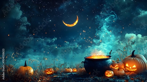 A witch s cauldron bubbling with mystical potions under a sparkling starry night sky  Glowing pumpkins and a crescent moon illuminate the spooky enchanted scene creating a mesmerizing photo