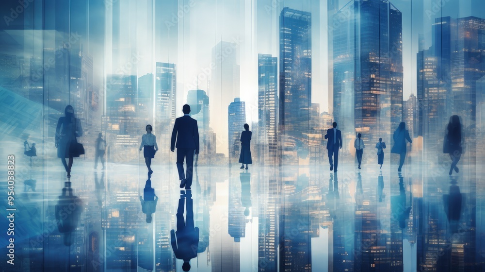 A bustling cityscape with silhouettes of people walking through a reflective urban environment. A bustling cityscape with silhouettes of people walking through a reflective urban environment.
