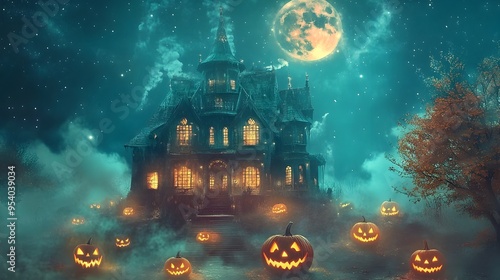 Mystical Halloween landscape scene featuring a glowing full moon sparkling stars and a haunted house surrounded by mysterious fog and jack o lanterns Spooky eerie