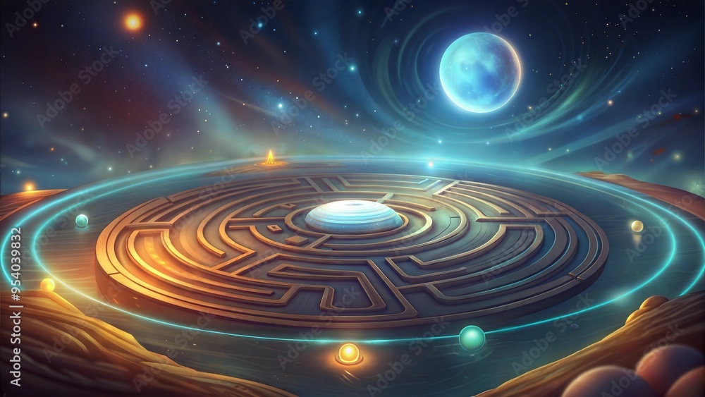 Fototapeta premium Cosmic labyrinth under the moonlight, mystical night, surreal landscape
